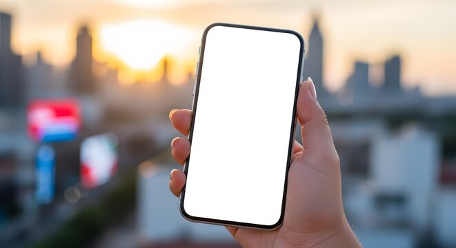 Close-up of hand holding blank screen phone at sunset against cityscape backdrop.