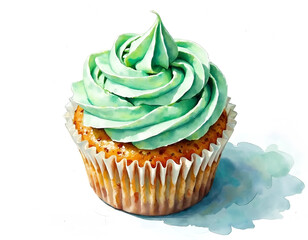 Mint green cupcake watercolor illustration, dessert clipart on white background, high resolution printable food art