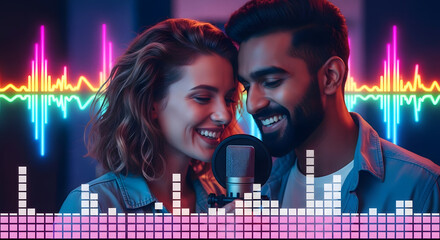 Engaged couple in a music studio.
