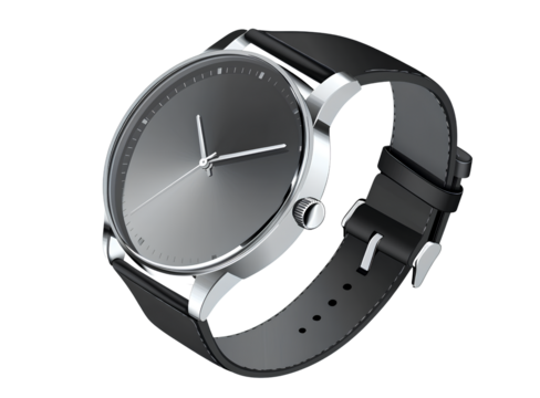  A sleek, simple wristwatch with a black leather strap and a silver case. The face is a plain gray or white with no numbers or hands,