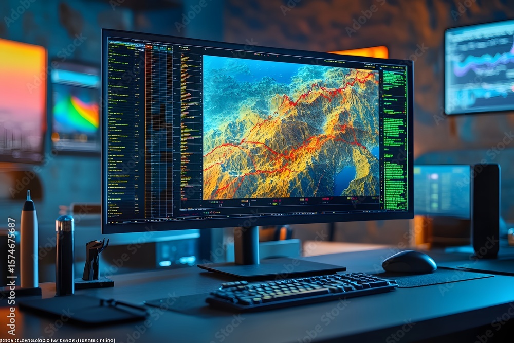 Fototapete computer monitor displaying topographic data and colorful graphs in modern office