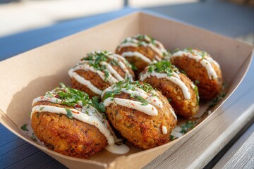Delicious falafel with creamy sauce in a paper tray on wooden table.