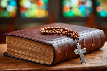 Wooden rosary beads resting on ancient leather bound book in church