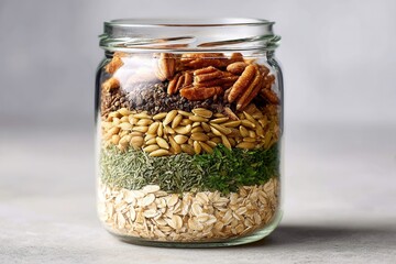 A glass jar filled with neatly layered ingredients including nuts, seeds, and grains. Perfect for healthy eating or kitchen decor inspiration.