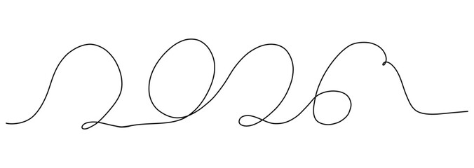 New year 2026 line art, contour sketch hand drawn. Continuous linear drawing. Decoration.