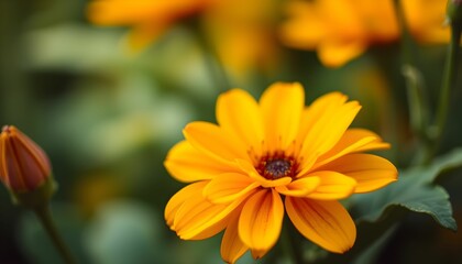 Close-up of a vibrant yellow flower in full bloom, with a bud and blurred green foliage in the background.