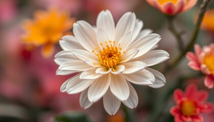 Obraz premium Close-up shot of a white daisy with a yellow center, surrounded by colorful flowers.