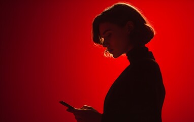 Minimalist black and red background for social media, woman looking at phone, elegant, fashion photography, high contrast, high resolution, cinematic, sharp details. 