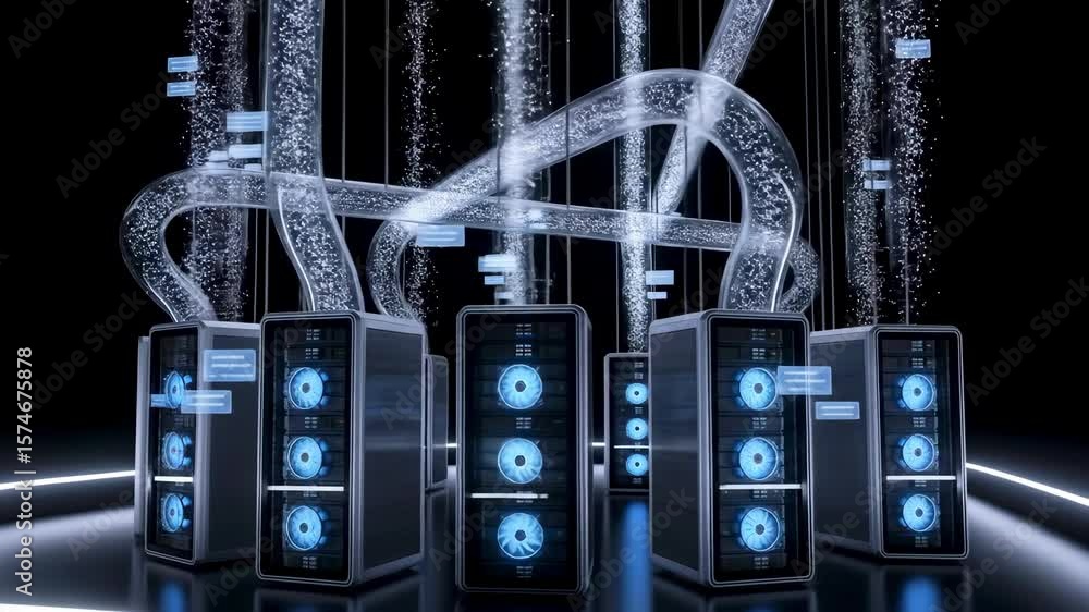 Aufkleber futuristic data center with glowing servers and flowing data streams, showcasing advanced technology