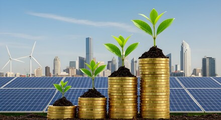 Pilas de monedas de oro con planta verde en panel solar, que simboliza la inversión de energía renovable.