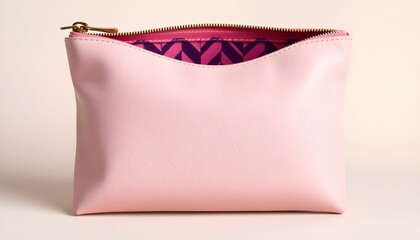 A close-up shot of a pink cosmetic pouch with a patterned interior.