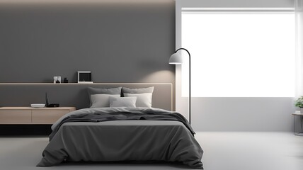Sunlit bedroom with unmade bed, grey linens, plants, and large window.