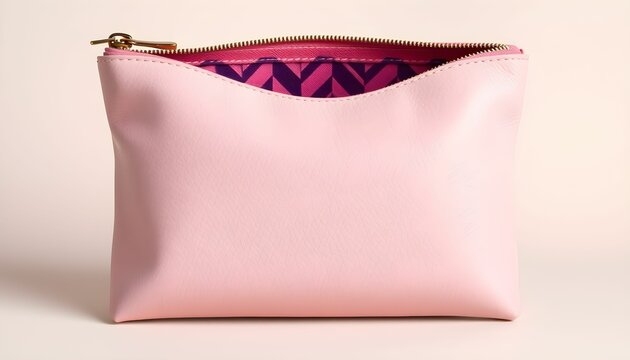 A close-up shot of a pink cosmetic pouch with a patterned interior.