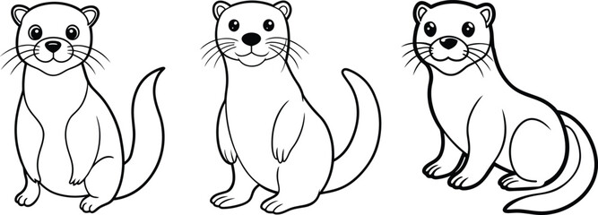 Cute Otter Coloring Page Set for Kids. Cartoon Otter Trio – Cute Vector Animal Set. 