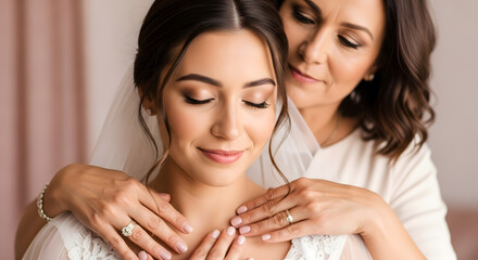 Loving Mother Embracing and Fixing Bride’s Veil Before Ceremony