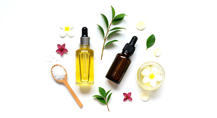 Essential oils and botanical elements amber bottle