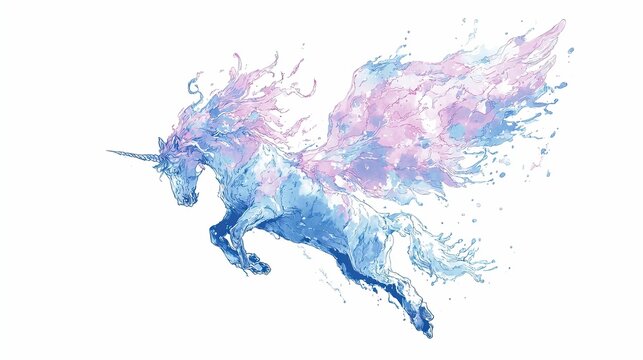 Stylized watercolor illustration of a mythical creature with wings and horn