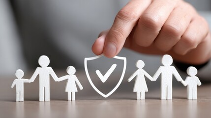 High quality photo of hand placing shield with check mark over family symbolizes protection and security. This conveys sense of safety and care for loved ones.