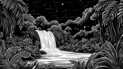Nightfall Waterfall in Lush Jungle