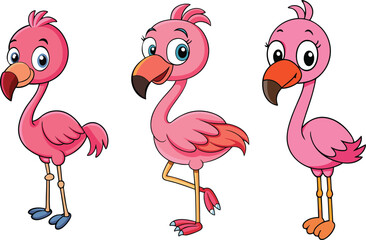 Cute Cartoon Flamingo Characters Set on transparent background