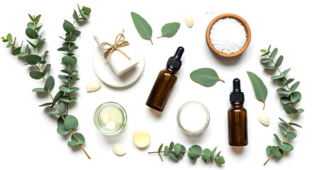 Eucalyptus oil bottles and leaves dropper