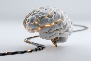 Cybernetic brain stem with illuminated data flow path, futuristic neural network concept, glowing wires connecting brain, artificial intelligence technology, digital brain model