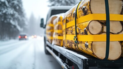 Stacked logs secured on a snowy truck bed