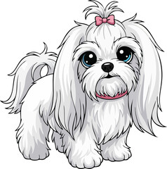 Cute Cartoon Maltese Dog with Long White Fur and Pink Bow – Full Color Vector