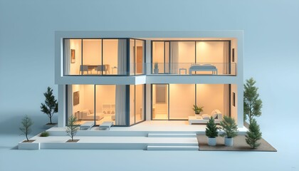 Modern, minimalist house design with interior and exterior details, presented in a 3D model.