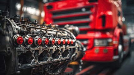 High quality photo of high-Quality Stock image of disassembled truck engine in repair service. Heavy machinery, diesel motor vehicle part close-up. Red truck blurred background.