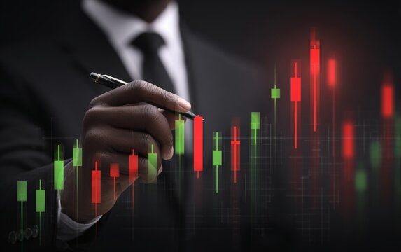 Businessman drawing a financial graph, representing the stock market and business growth concept on a black background with a blur effect.