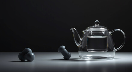 Glass teapot with water and grey spheres clear dark background