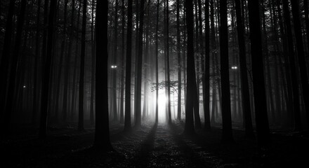 Fototapeta premium Eerie monochrome forest scenery with dense trees casting dark shadows in black and white