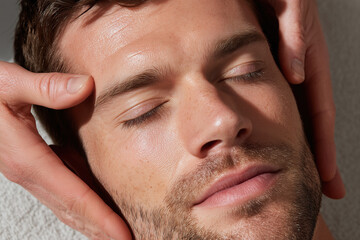 Obraz premium Gentle face massage on man with closed eyes, hands softly holding his head, showing relaxation and skin care close up on cheeks and forehead