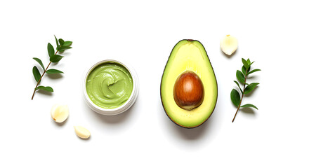 Green cream avocado and leaves white background natural ingredients