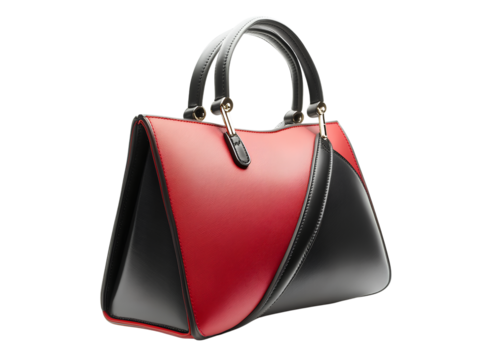  A sophisticated red and black handbag with leather accents, featuring an elegant design with contrasting colors
