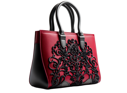  A sophisticated red and black handbag with leather accents, featuring an elegant design with contrasting colors. 