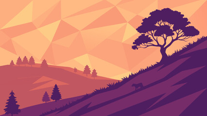 Fototapeta premium Triangular low-poly mountain hills in sunset gradient (orange to purple), faceted crystal-like terrain, abstract digital art, isometric view, vibrant vector style