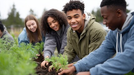 Group of teenagers happily planting seedlings in a garden, fostering teamwork and environmental awareness. Ideal for community and educational themes.