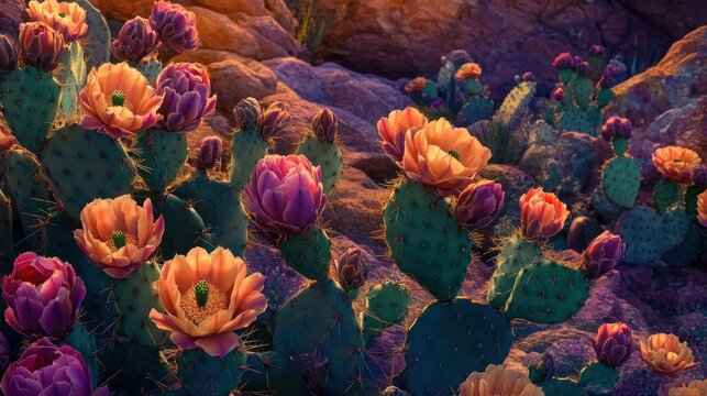 Desert cactus blooms at sunrise, rocky landscape background