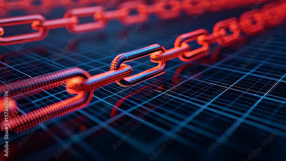 Poster a glowing digital chain link representing blockchain technology on a grid background.