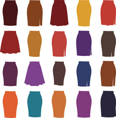 Vector illustration set of diverse women's skirts in various styles, lengths, and colors, including A-line, pencil, and pleated designs, representing fashion, versatility, and female apparel.