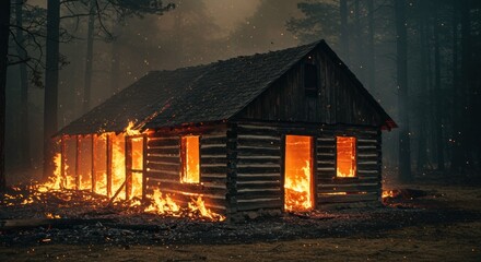 Intense inferno consuming wooden cabin amidst dark forest ambience creating dramatic scene
