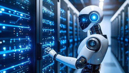 High-tech security robot unit connected to a central server via data cables. Background has glowing circuit lines and upper space for branding or overlay.