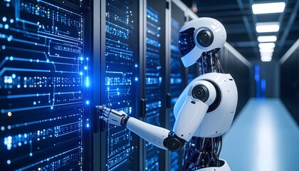 High-tech security robot unit connected to a central server via data cables. Background has glowing circuit lines and upper space for branding or overlay.