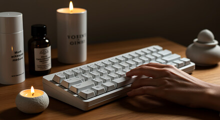 Hand typing on white keyboard with candles light