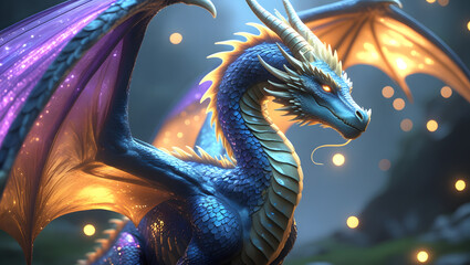 Regal Iridescent Fantasy Dragon with Glowing Wings – Mystical Creature Illustration
