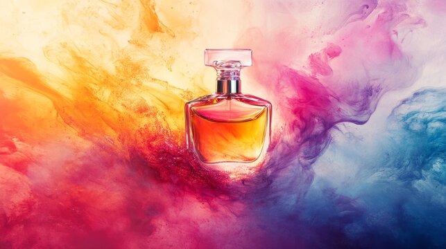 Designer perfume bottle in an abstract, colorful background, artistic scent branding generative ai