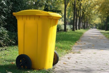 A yellow wheeled trash bin stands on a sunlit pathway surrounded by trees with green foliage on a clear day.