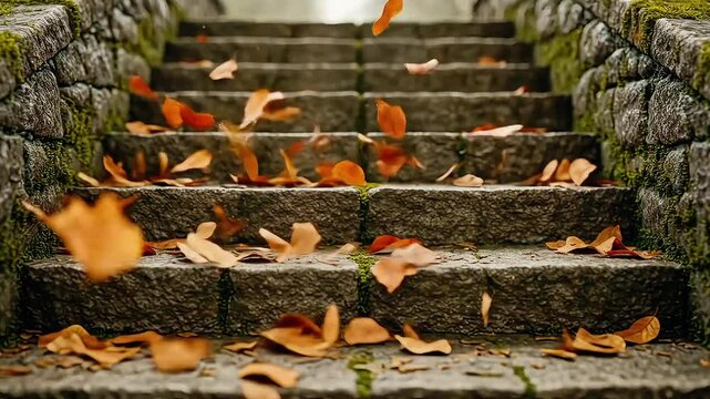 Dried leaves skittering over stone steps in autumn sunlight  